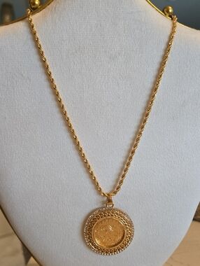 Gold Coin pendant On Twisted Rope Chain with Filagree Details & crystals